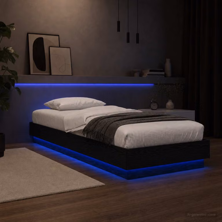Letto moderno vidaXL in legno ingegnerizzato con illuminazione LED e porta USB, Rovere e Nero, L 200 x P 80 x H 83 cm
