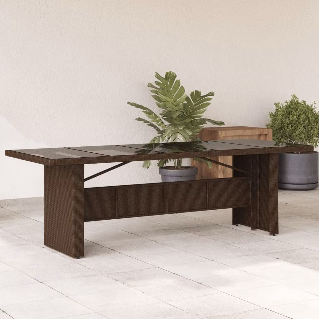 vidaXL Tavolo da giardino rettangolare in polyrattan marrone con piano in vetro L: 240 cm, P: 90 cm, H: 75 cm