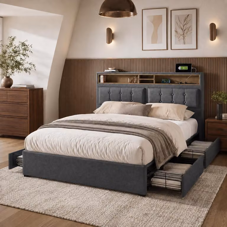 okwish Letto imbottito 140 x 200 cm, letto matrimoniale con 4 cassetti e presa USB-C, testiera regolabile in altezza, rete in legno (materasso non incluso)
