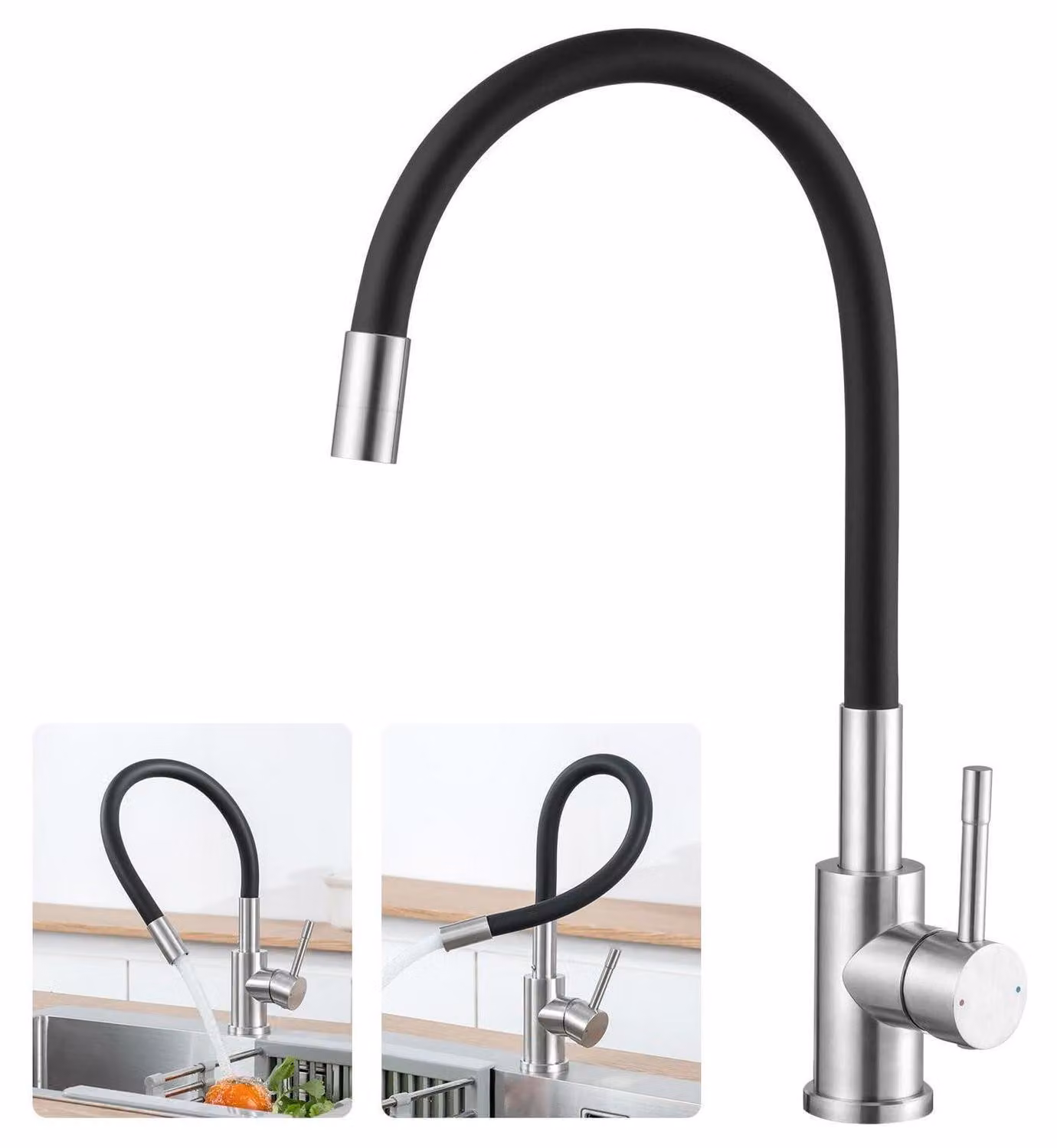 Miscelatore per lavello da cucina, nero, girevole a 360°, per alta pressione, in acciaio inossidabile, monocomando