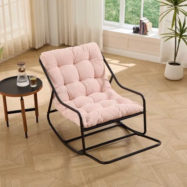 Sedia a dondolo da esterno con cuscino morbido e spesso, struttura nera e cuscino rosa, per soggiorno, camera da letto e sala lettura
