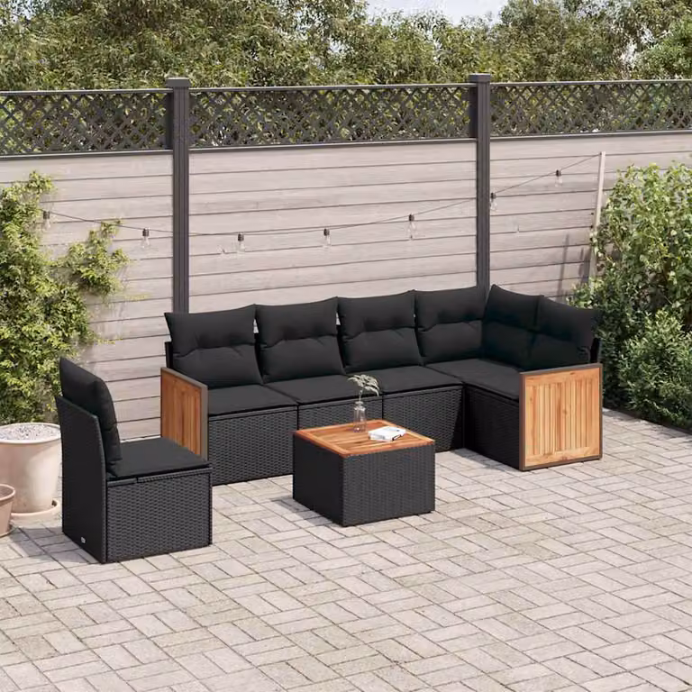 Set Divani da Giardino a L vidaXL in Polyrattan Nero con 7 Cuscini e Tavolino da Esterno