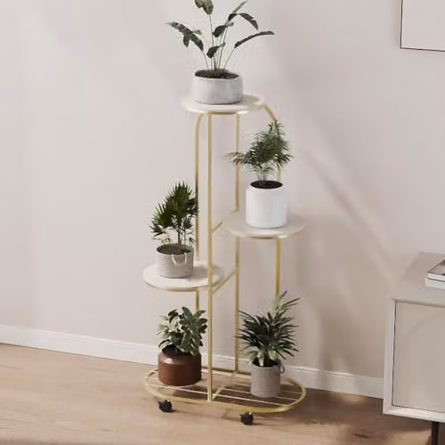 Zstar Supporto per piante a 5 ripiani, in metallo, per piante, per interni ed esterni, con ruote, per balcone, giardino, soggiorno, oro