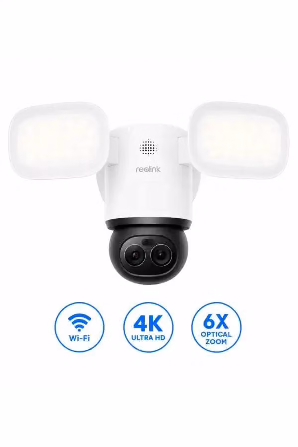 Reolink F850W TrackFlex Floodlight Telecamera PTZ WiFi 6 4K, Dual-Lens, Zoom Ibrido 6x, Proiettore LED 3000 lm, Auto Tracking AI, Sirena, IP66