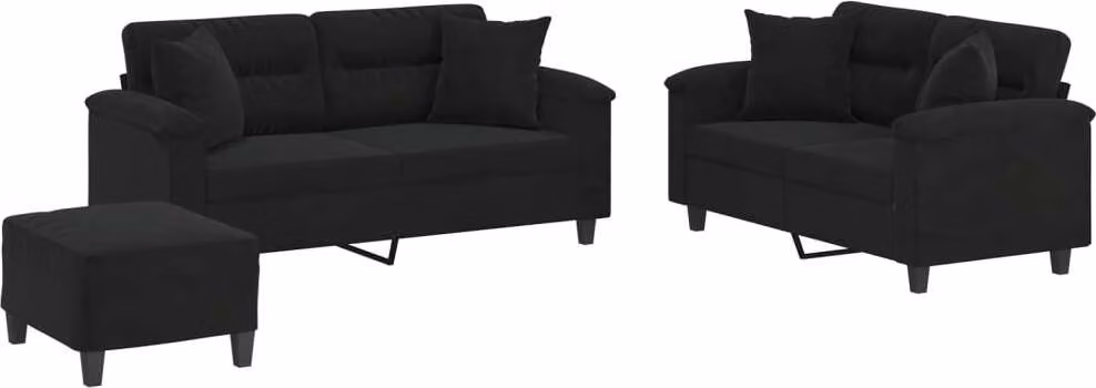 Set Divani 3 pz con Cuscini Nero in Tessuto Microfibra
