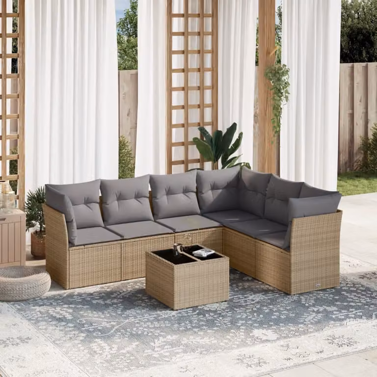 Set di divani da giardino vidaXL in 7 pezzi con cuscini beige e tavolino in polyrattan e metallo per esterno