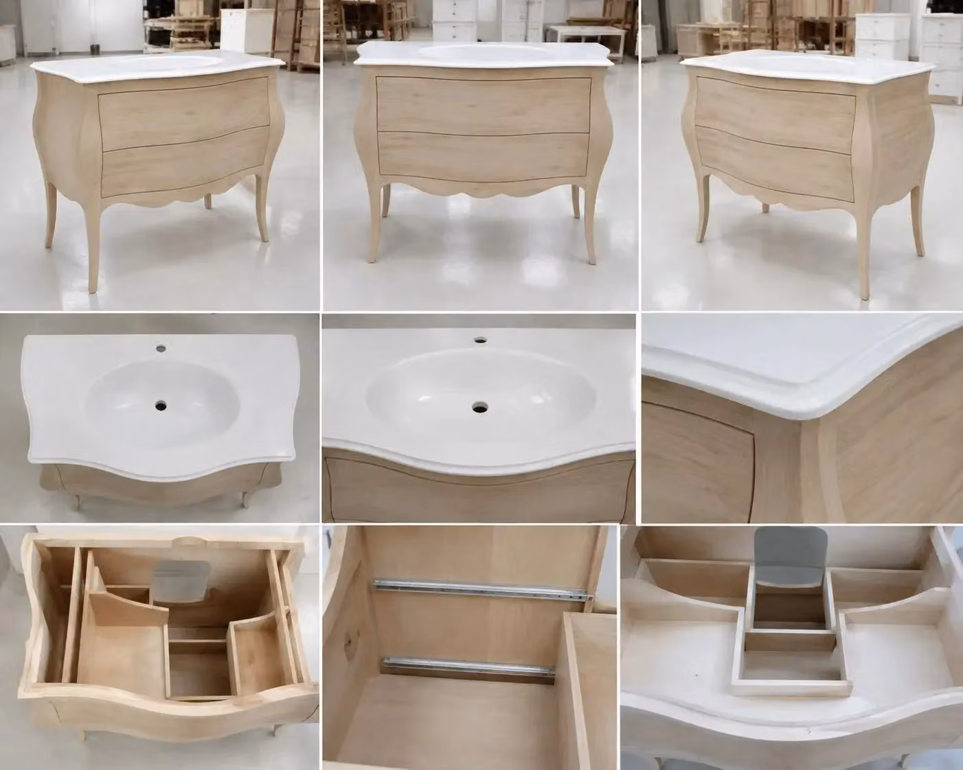 Mobile bagno bombato con 2 cassetti Mobili 2G in legno grezzo L: 108 cm, P: 55 cm, H: 82 cm – 2