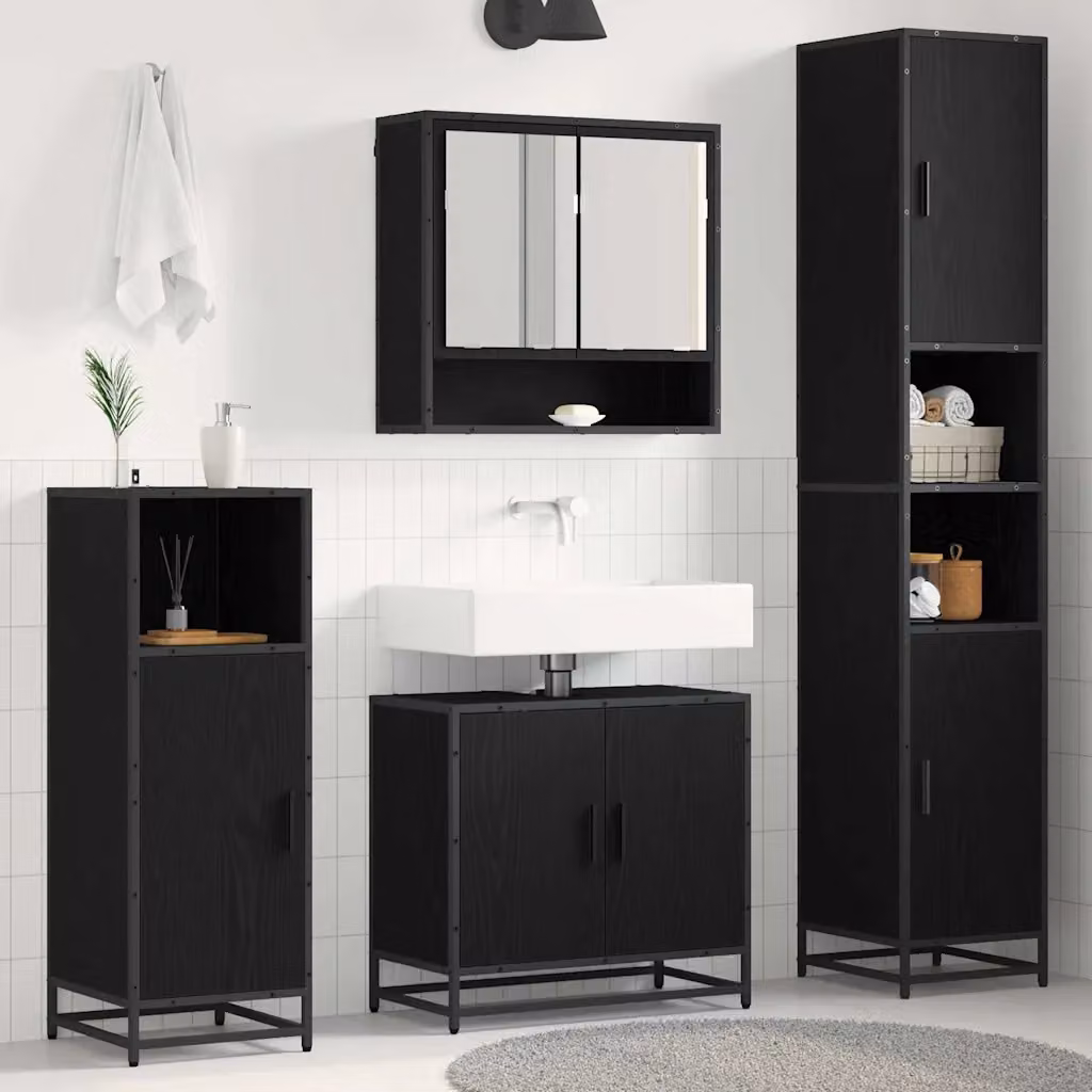 Set di mobili per il bagno vidaXL 3 pezzi in stile minimalista, colore marrone e nero, con armadietto a specchio, mobile lavabo e colonna alta