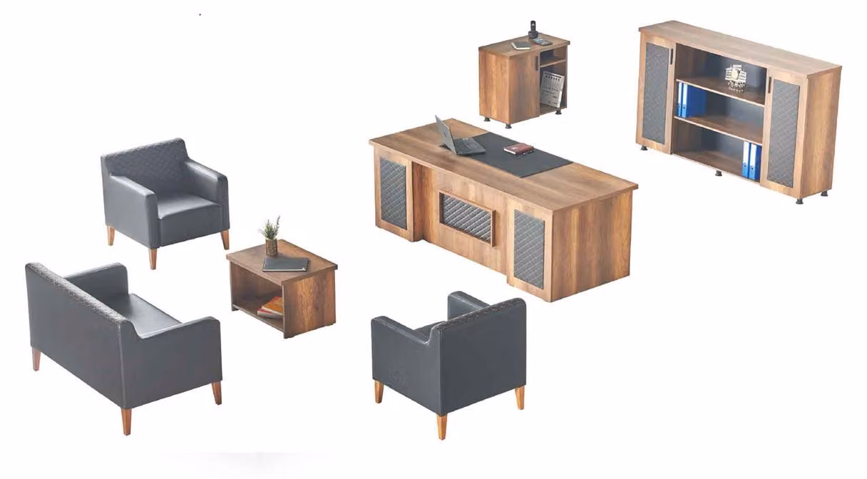 Schwarz-Braune Arbeitszimmer Garnitur Schreibtisch Sideboard Sofa Sessel