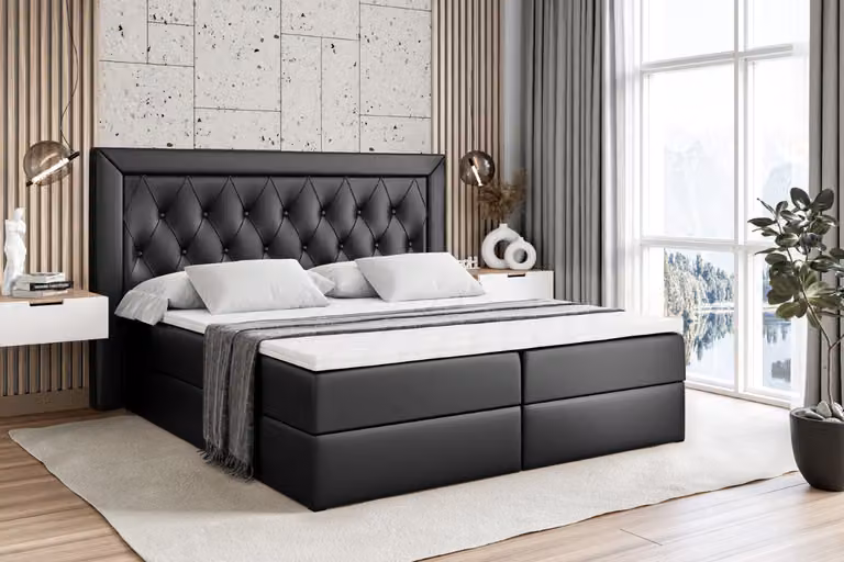 Letto boxspring ALTDECOR con materasso (altezza 20 cm) e topper (altezza 4 cm), letto imbottito con testiera e contenitore - NOEL - 200x200 - H4 / Pelle finta nera