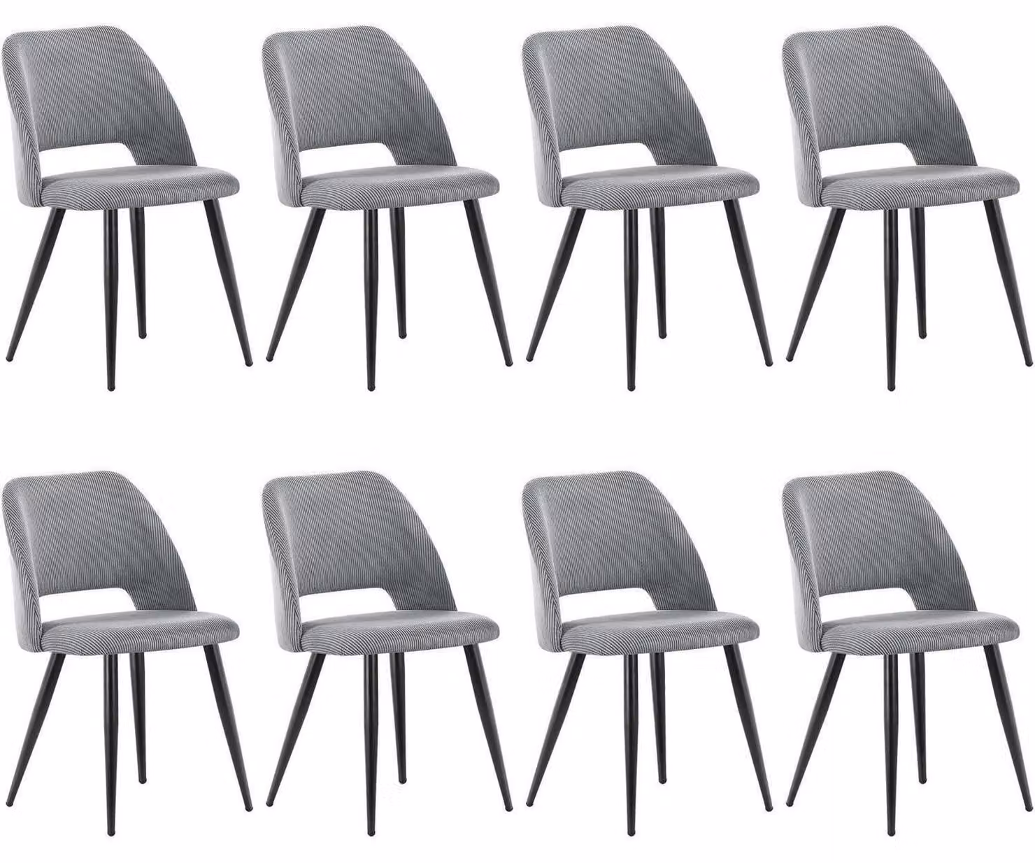 Set di sedie da pranzo, colore grigio, rivestimento in cord, set da 8, gambe in metallo