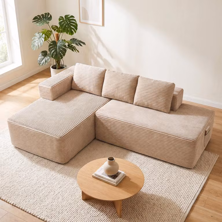Divano componibile modello Ecksofa, con funzione letto, 228 cm, rivestito in velluto. Divano modulare "Boneless" con chaise longue e struttura in metallo per lo schienale. Divano a forma di L con funzione letto e struttura aperta