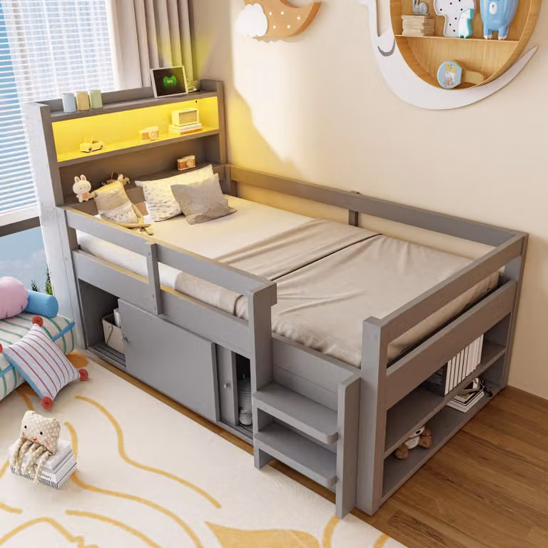 Letto multifunzione 90 x 200 cm con spazio contenitore, armadi con ante scorrevoli, illuminazione LED, prese USB, sponde di sicurezza e ripiani, colore grigio