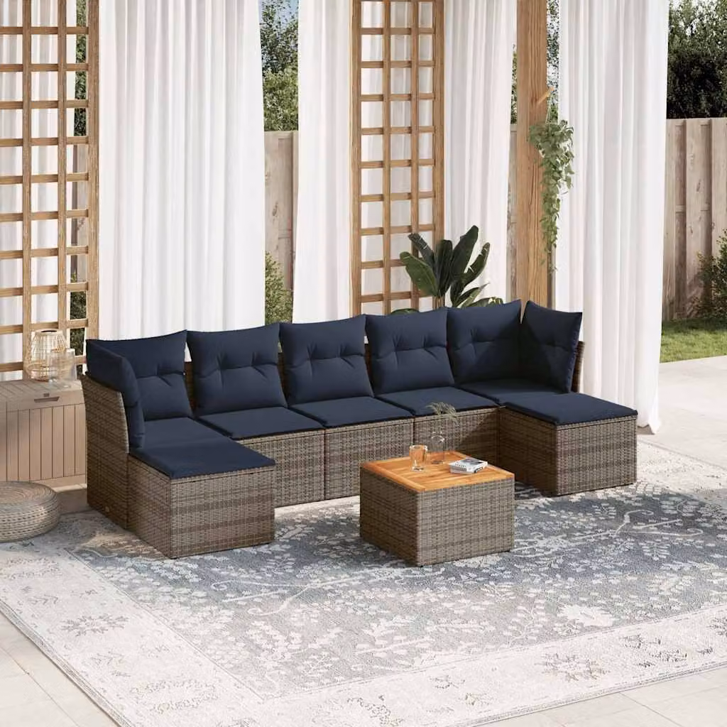 Set di divani da giardino vidaXL in polyrattan da 8 pezzi con cuscini grigi e tavolino, design moderno a L con pouf e struttura in metallo per esterno