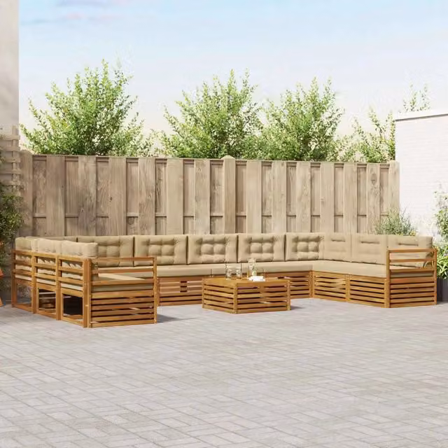 Set di divani da giardino vidaXL in legno di acacia massello, 11 pezzi, beige e marrone con tavolo da caffè e cuscini inclusi