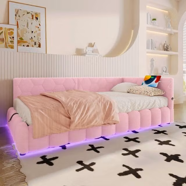 Letto imbottito 140x200 cm con contenitore idraulico e luce LED multicolore; MDF ed effetto velluto; bianco