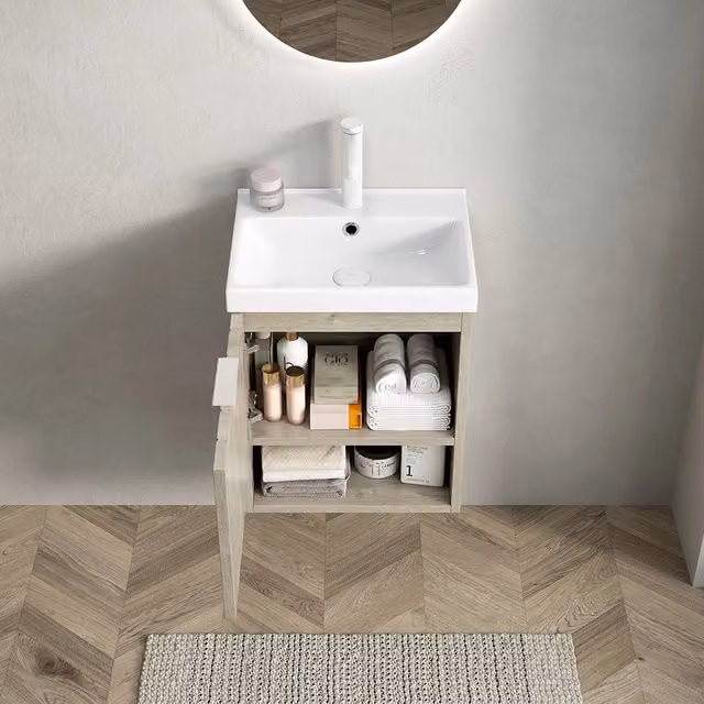 Mobile bagno sospeso - Xylo - 42 cm - Bianco - Lavabo ceramica, ante doppie
