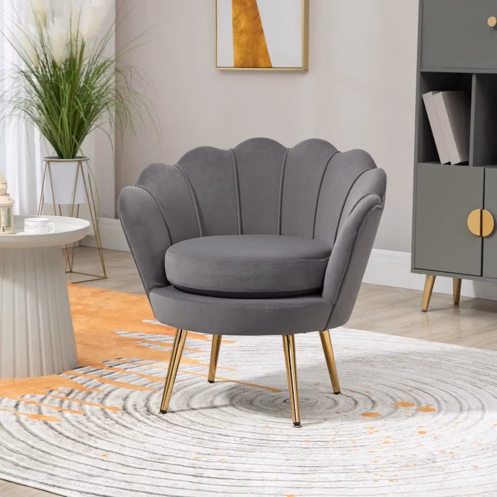 EasyComfort Poltrona a Conchiglia Vintage in Velluto Grigio con Dettagli Oro, L/P/H: 76 x 67 x 74 cm – 2
