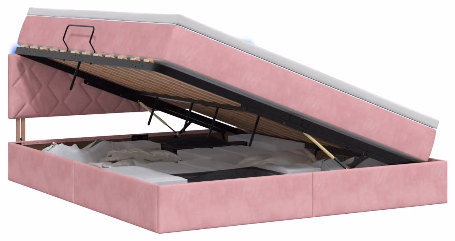 Letto imbottito con tecnologia LED e materasso rosa, dimensioni 140 x 200 cm, rivestito in velluto
