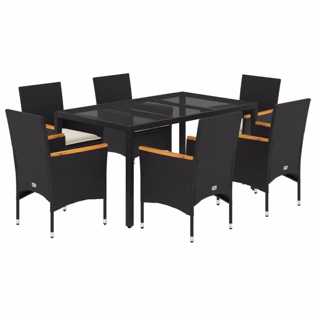 Set Pranzo da Giardino vidaXL in Polyrattan e Legno di Acacia con Cuscini, 7 Pezzi, Nero e Bianco – 2