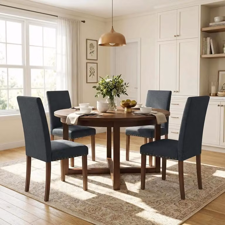 Sedie da pranzo - Set da 4 - Rivestimento in tessuto - Sedili imbottiti - Gambe in legno massello - Elementi decorativi in metallo - Grigio