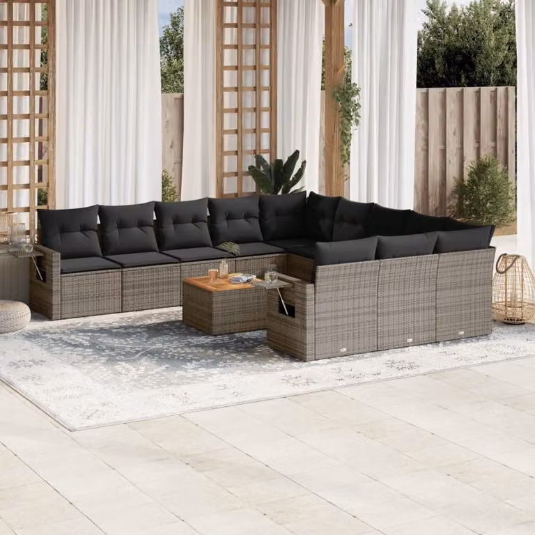Set di divani da giardino vidaXL in polyrattan grigio con cuscini, tavolino e sedute a L per esterno