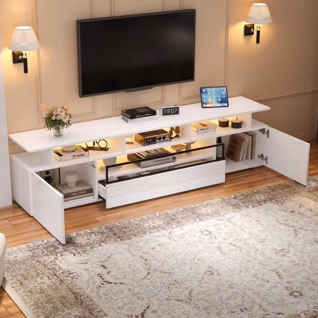 Mobile TV bianco lucido 180 x 38 x 45 cm con 2 vani chiusi; cassetto e LED con app