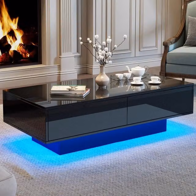 Tavolino da salotto moderno nero lucido, 115x55x34 cm, con 2 cassetti, illuminazione LED e portata 30 kg