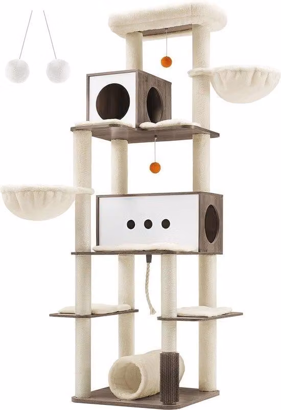 Tiragraffi Rootz - Tiragraffi per gatti - Tiragraffi - Truciolato - Peluche - Sisal - Struttura robusta - Facile da montare - Design antiribaltamento - 60 cm x 60 cm x 197 cm
