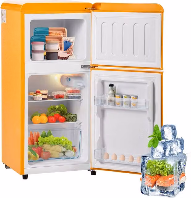 Frigorifero/congelatore in stile retr¨°. Altezza 86,8 cm (88,8 cm inclusa la base), larghezza 45,5 cm, due porte, capacit¨¤ totale 60 litri,