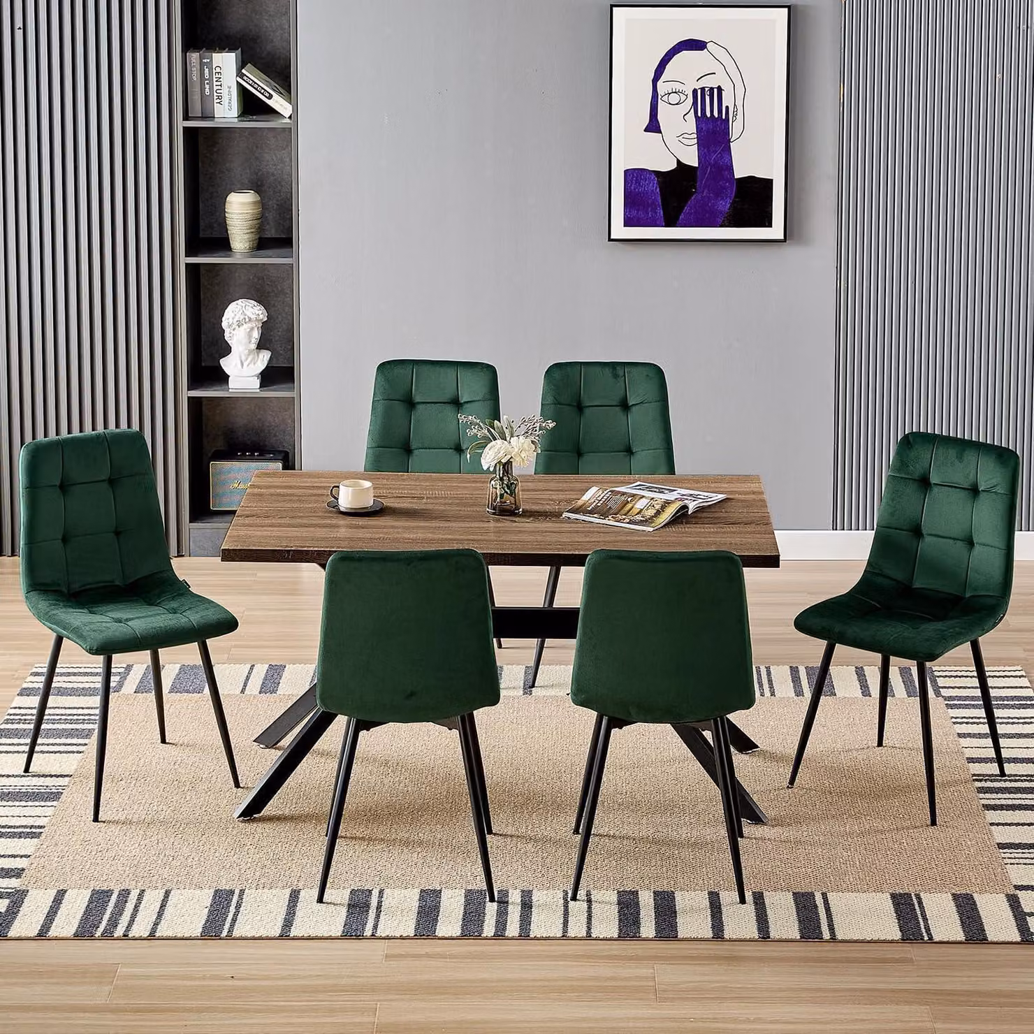 Tavolo da pranzo con 6 sedie, tavolo rettangolare in legno di 140x80 cm, 6 sedie in velluto color verde scuro, gambe in metallo nero