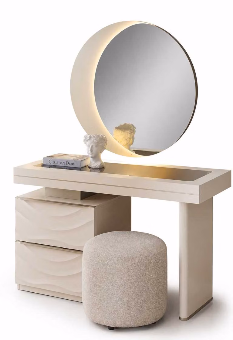 Comò da trucco con specchio, sgabello design, tavolo da trucco, comò da parrucchiere