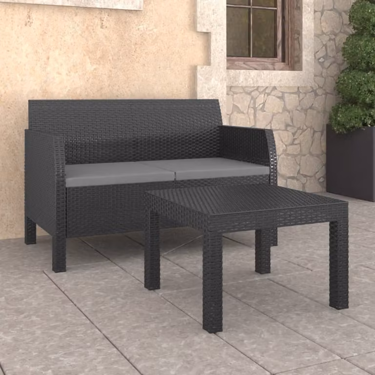 The Living Store Set da giardino 2 pezzi con cuscini PP rattan antracite