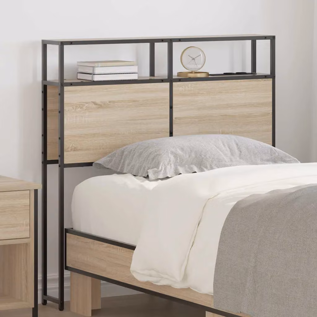 Testata letto con contenitore vidaXL in rovere sonoma e metallo con ripiano integrato e porta di ricarica USB, marrone