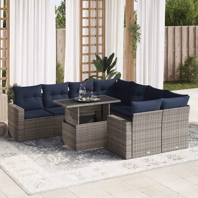 Set Divano da Giardino 9pz con Cuscini Grigio Polyrattan Acacia 3326292