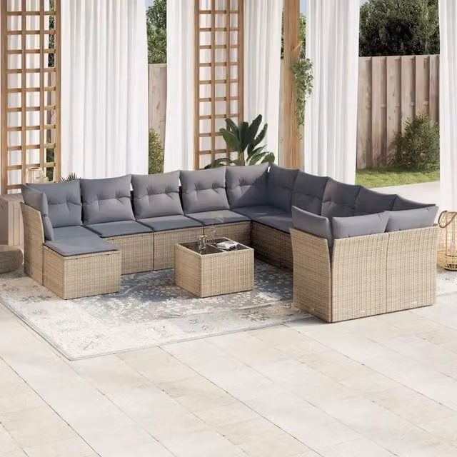 Set di Divani da Giardino Moderno VIDAXL in Polyrattan con Cuscini Beige e Grigio, Composizione a L per 12 Persone