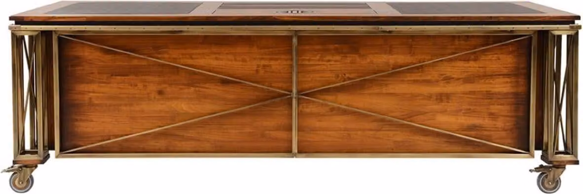Casa Padrino scrivania in stile vintage marrone / ottone / nero 234 x 98,5 x h. 75 cm - Scrivania in legno massiccio con rotelle - Mobili da ufficio in stile vintage - Mobili da ufficio