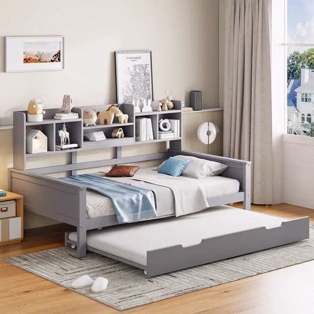 Letto divano singolo OKWISH moderno in legno grigio con ripiani laterali, L: 90 cm, P: 200 cm, H: 120 cm