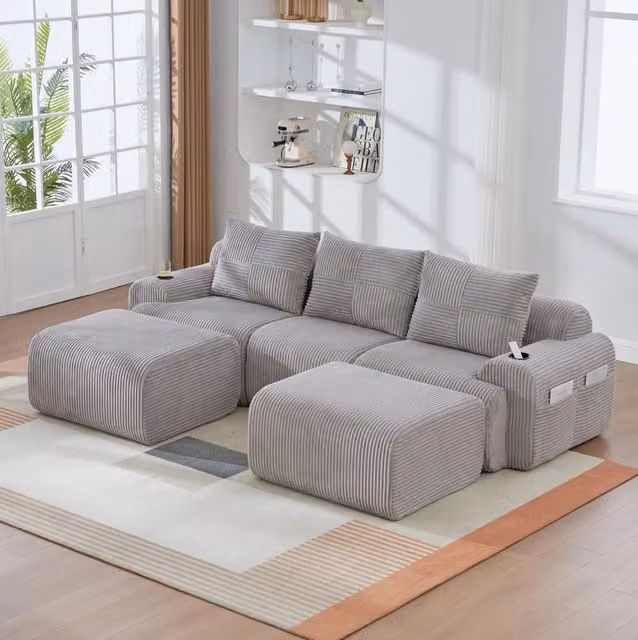 Divano modulare 3 posti 268x174x80 cm in tessuto grigio, con cupholder, per salotto –