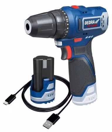 DEDRA, avvitatore a batteria da 12V/2Ah, coppia di 32Nm, 0-400/1300 giri/min, cavo di ricarica USB-C, modello DED7310T01