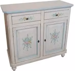 Credenza napoletana in legno bianco anticato decorata filo azzurro
