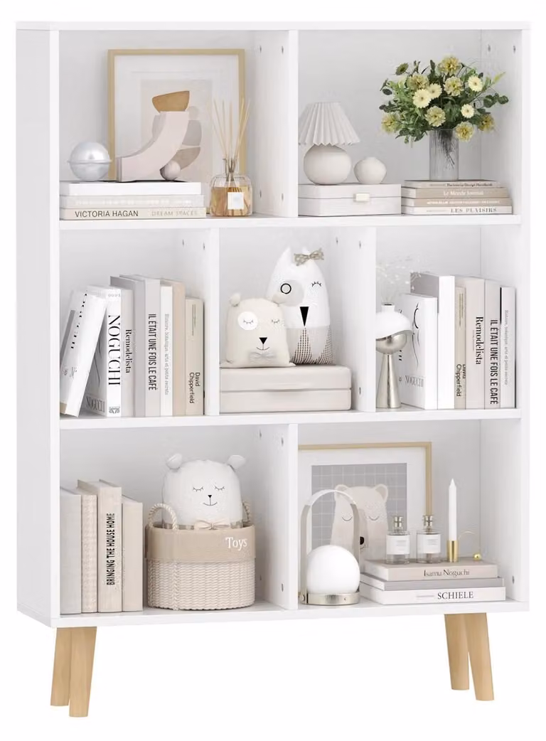 Libreria a 7 scomparti - Libreria a colonna - 3 ripiani - Legno - Design moderno e minimalista - Ideale per soggiorno o scrivania - Dimensioni 80 x 24 cm - Bianco