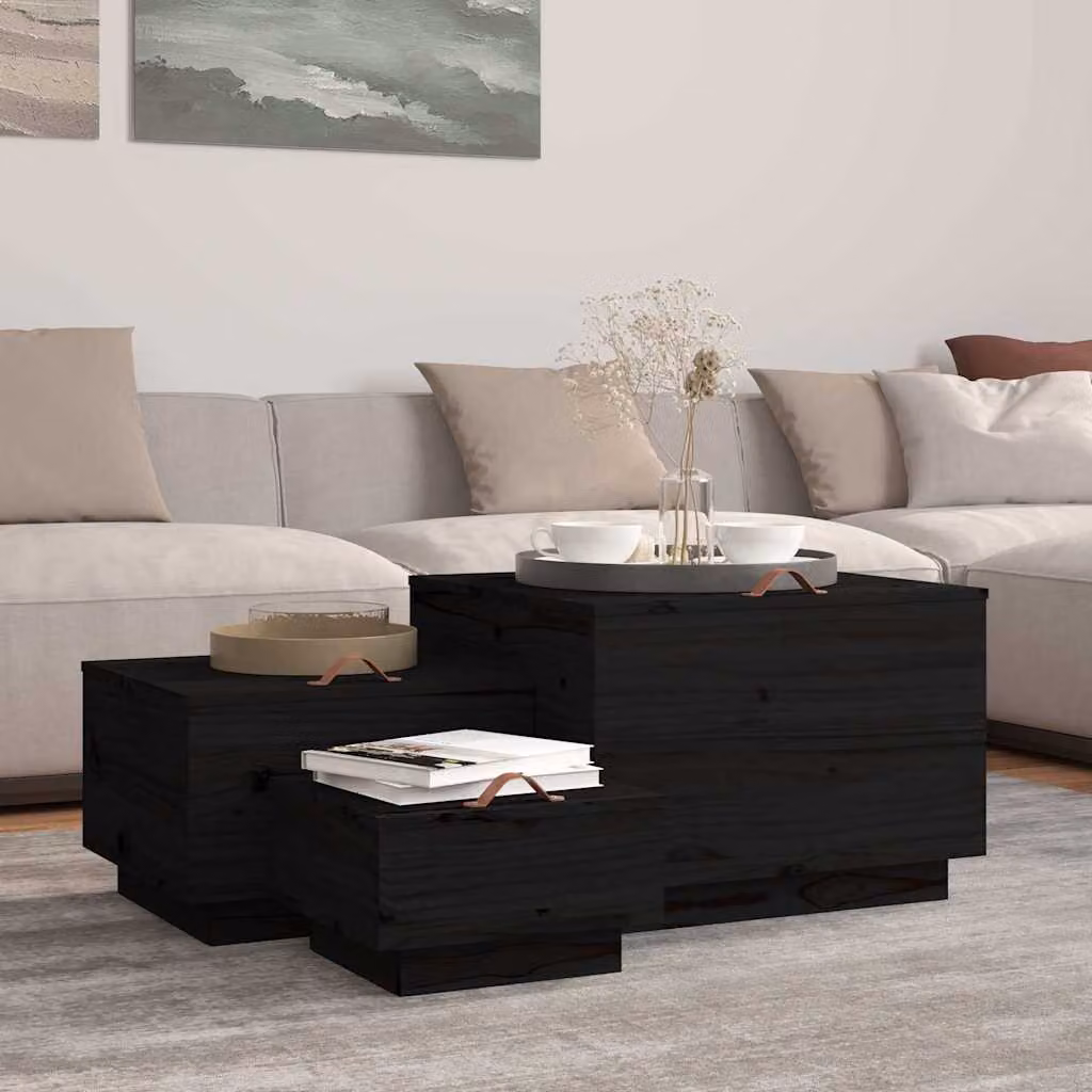 Set di 3 contenitori portaoggetti con coperchio e maniglie vidaXL in legno massello di pino, colore nero