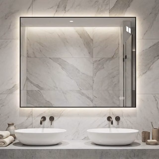 Specchio da bagno moderno OKWISH con retroilluminazione LED dimmerabile a 3 colori, funzione antiappannamento e vetro argento, L: 77 cm, H: 97 cm