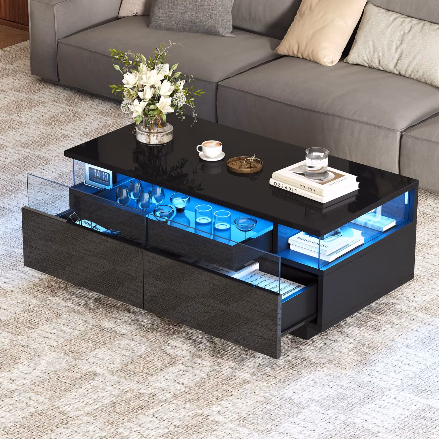 Tavolino da conferenza MODFU, con finitura lucida, tavolino con luce LED, comodino in vetro temperato con 2 cassetti, bianco