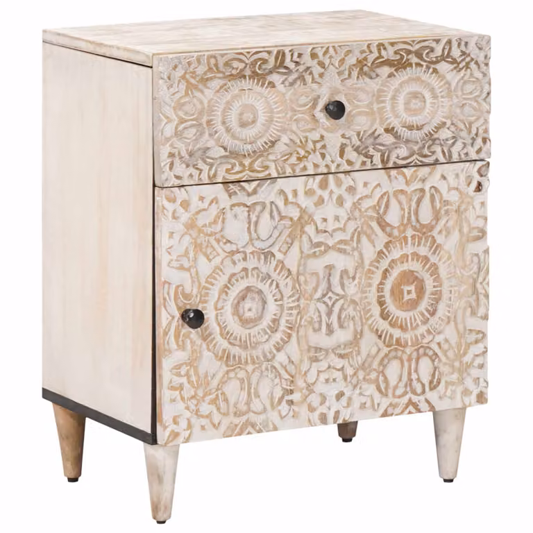 vidaXL Mobiletto da Letto Moderno in Legno di Mango Bianco L: 50 cm, P: 33 cm, H: 60 cm