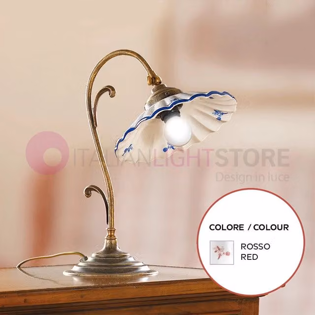 Lampada da Tavolo Altopascio Ceramiche Borso in Ceramica e Ottone Rossa con Base Rotonda, H: 40.0 cm, L: 21.0 cm, P: 1.0 cm