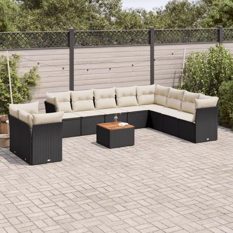 vidaXL Set Divani da Giardino a L da 11 Pezzi in Polyrattan Nero con Cuscini e Tavolino da Esterno