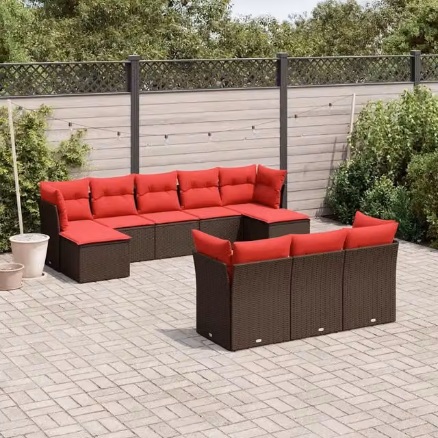 Set Divani da Giardino 10 pz con Cuscini Marrone in Polyrattan 3218334