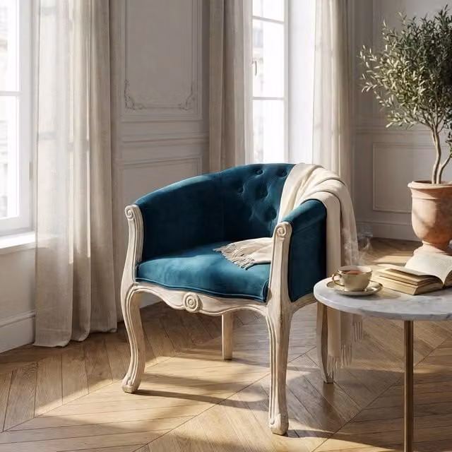 Poltrona vintage in ecopelle blu con struttura in legno DUNPHI L: 61 cm, P: 61 cm, H: 71 cm